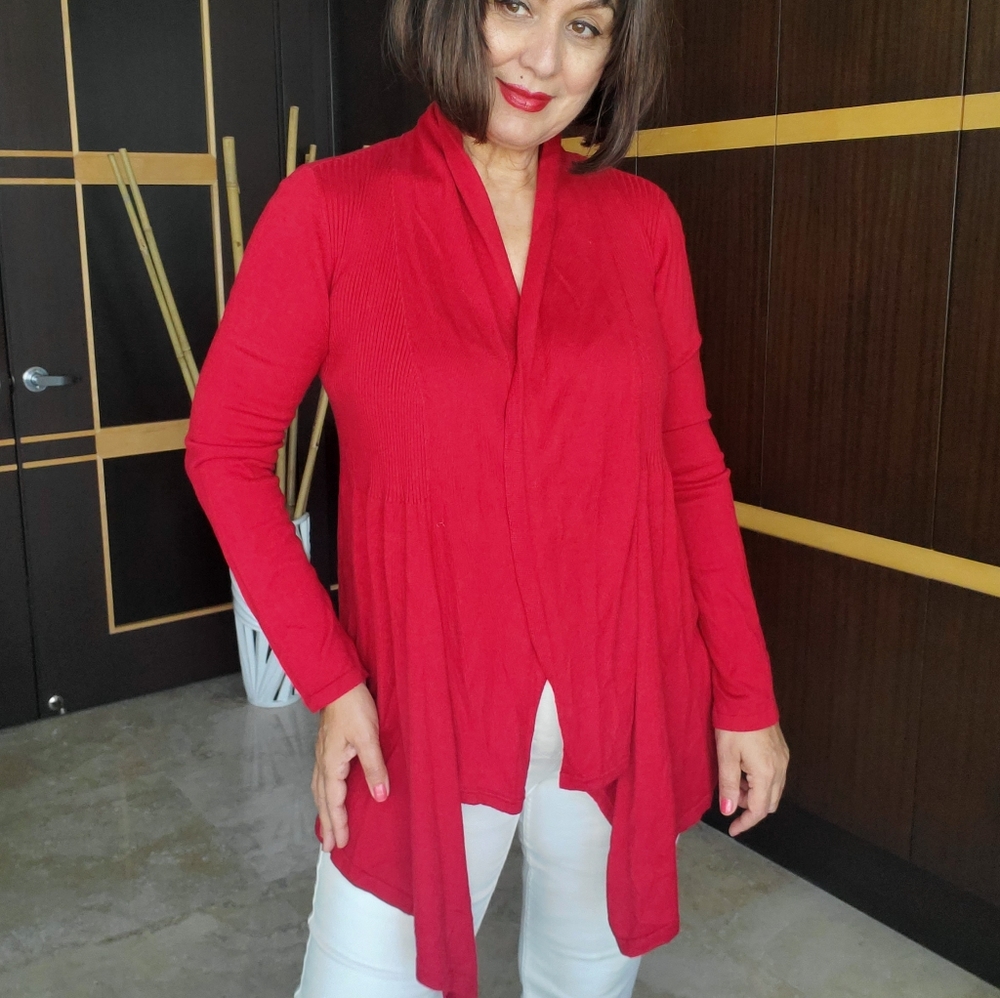 STYLE & CO  RED COTTON BLEND CARDIGAN, SIZE SMALL ( MEDIUM)